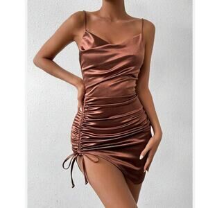 Windsor Brown Satin Sheen Mini Dress L Sleeveless Ruched Sexy Party Clubwear Y2K